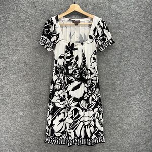 Trulli Dress Women XS White Floral Shift Midi Square Neck Short Sleeve Casual